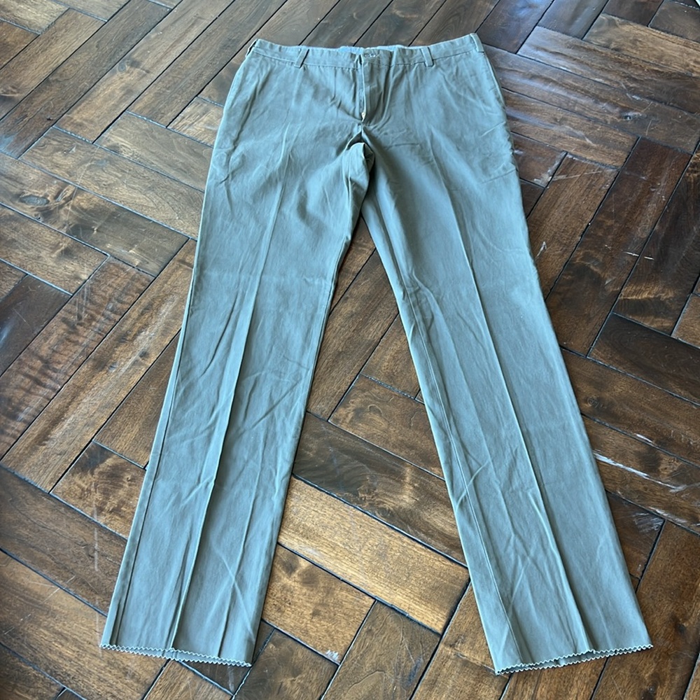Frank’s pants made in USA 🇺🇸 mushroom color trim fit unhemmed fitted trouser